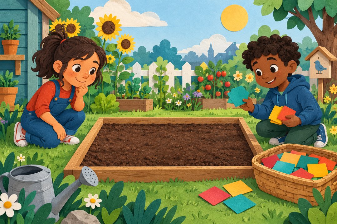 An illustrated patchwork setting for a math challenge