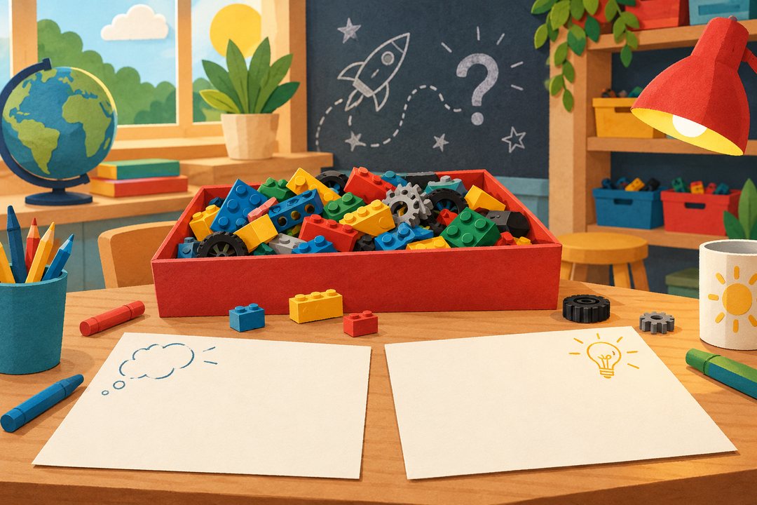 Illustration inviting children to make a new world from the same pieces