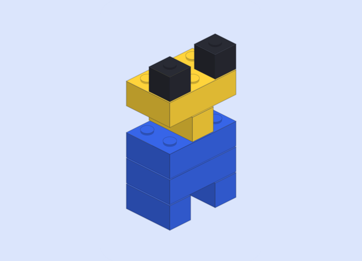 A small blue and yellow brick robot with two dark eyes